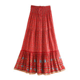 Queens Women Beige Floral Print Beach Bohemian Skirt High Elastic Waist Rayon Cotton Boho Maxi Skirts