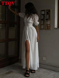 Sexy V-Neck Women White Dress 2022 Summer Short Sleeve Party Midi Dresses Elegant Slim Single-Breasted Slit Female