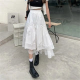 Gothic Lace Stitching Irregular Pleated Skirt Women White Vintage High Waist Long Skirt Korean Solid Hip Hop