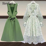 Women Suit Long Vest Jacket Coat Top And Floral Print Chiffon Dress Two Piece Set Elegant Outfit Office Ladies