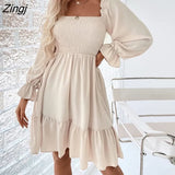Fashion Women A-line Dresses 2021 Fall New Solid Hedging Square Collar Ruffle Sleev High Waist Folds Backless Midi