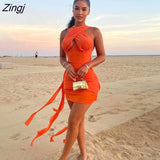 Autumn Sexy White Dresses For Women 2021 Bandage Ruched Orange Mini Dress Ladie Sleeveless Bodycon Dress Club Rave