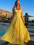 Solid Hook Flower Hollow Lace Women Dress Sleeveless Suspender High Waist A-line Long Dress Fashion Beach Holiday