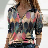 Women Long Sleeve V Neck Geometric Print Blouse Vintage Loose Polo Shirt Y2K Harajuku Oversize Tops Elegant Zip Sweatshirt