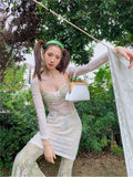 2 Piece Knitted Lace Slip Dresses For Women 2022 Spring Tunic Backless Spaghetti Strap Corset Dress With Shrug