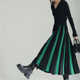 Knitted Pleated Midi Skirts Women Elegant Patchwork A Line Skirt Autumn Winter Korean Vintage Thick High Waist Slim