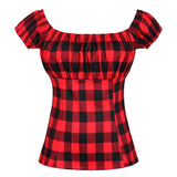 Red Plaid Printed Slim Fitted Tops Women Summer Short Sleeve Workwear Office Lady Elegant Pin Up 50s 60s Rockabilly
