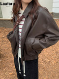 Spring Autumn Oversized Casual Waterproof Coffe Soft Pu Leather Jacket Women with Drop Shoulder Long Sleeve Fashion