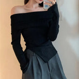 Elegant Slash Neck Sweaters Women Irregular Split Knitted Jumpers Korean Slit Solid Basic Slim Pullovers Autumn