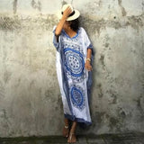 Indie Folk Printed Caftan Beach Dress Side Split Half Sleeve Women Summer Beachwear Long Cotton Robe de plage
