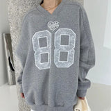 V-Neck Lace Embroidered Lace Letter Pullover SweatshirtOutfit