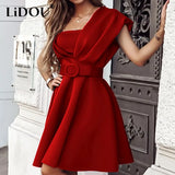 New Women's Solid One Shoulder Waist Belt Evening Party Chest Wrapping Dress Sexy Elegant Backless A-line Dresses