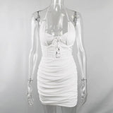 White Mesh Sexy Mini Dress For Women Halter Lace Up Sleeveless Summer Dress Ropa Mujer Elastic Bodycon Party