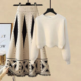 Women Autumn Winter Warm Knitted Two Pieces Sets Korean Long Sleeve Pullover Sweater Top And High Waist Skirts