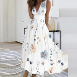 Women Sleeveless Evening Dress Casual High Waist Boho Beach Dress New Summer Deep V-neck Floral Print Long Dress