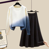 Women Autumn Winter Warm Knitted Two Pieces Sets Korean Long Sleeve Pullover Sweater Top And High Waist Knitting Skirts