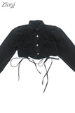 Black Gray Denim Jackets Women Crop Tops Washed Coats Bandage Slim Fit American Drawstring Short Jaqueta