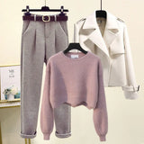 Winter Warm Clothes Three Piece Set Women Outfits Office Ladies Elegant Woolen Coats+knitted Sweater+wool Harem Pants