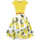 50s 60s Retro Vintage Women Casual Dress Pinup Rockabilly Robe Femme Jurken Lemon Floral Printed Yellow Party