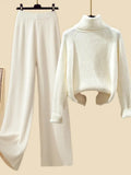 Winter Warm Knitwear Sets For Womens Elegant Turtleneck Sweater+long Knitted Jackets+wide Leg Knitting Pants Sets 2023
