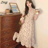 Women Korean Sweet Style Floral V-neck Fairy Leisure Girls Cute Flounced Edge All-match Prairie Chic Abdomen Elegant
