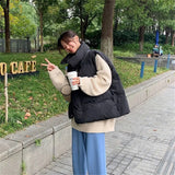Winter Women Solid Loose Vest Drawstring Stand Collar pocket Short Vest Jacket Cotton Padded Windproof Warm