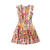 Queens Women Floral Print O-neck Beach Bohemian Sundress Button Cotton Mini Dress