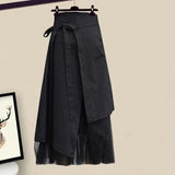 Outfits For Women 2023 Korean Casual V Neck Solid Blouse+irregular Mesh Patchwork Skirt Two Pieces Set Women Clothing