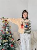 2022 Fashion Vintage Peter Pan Collar Blouse Long Sleeve Button Up Shirt Argyle Cartoon Print Batwing Designer