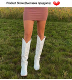 Onlymaker Women White Knee High Boots Western Cowboy Boots Wide Calf Embroidered Pointed Toe Block Heel Pull-On Cowgirl
