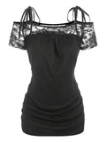 Shoulder Lace Panel Tied Tee Open Shoulder Tie Shoulder T-Shirts For Women 2022 Black Tee Shirt Club