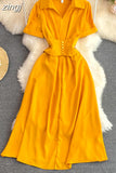 Vintage Women Midi Dress Elegant Pink/Orange/Green Polo Collar Short Sleeve High Waist A-Line Vestidos Female New