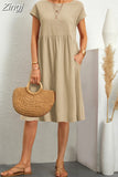 Neck Elegant Simple Short Sleeve Dress Summer Fashion Casual Dress for Women Cotton Linen Dresses 2023 Office Lady Robe