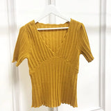 Knitting Mesh Femme Elegant Encolure V Puff Sleeved knit Chic T Shirt Pull Fancy Maille à manches courtes 2021 Retro