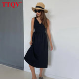 Summer V-Neck Green Women'S Dress 2022 Casual Loose Sleeveless Office Midi Dresses Elegant Classic Ruched Female