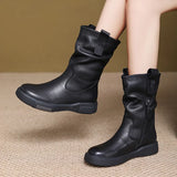 Layer Kraft Mid-Sleet Boots Women Autumn And Winter New Flat Bottom Comfortable Side Zipper Martin Boots Retro Style Horse