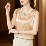 Summer V Neck Solid Youth Shirt Fashion Sleeveless Satin Blouse for Woman Loose Casual Silk Top Blusas Elegant