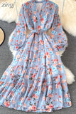Floral Midi Dress Women Elegant V-Neck Lantern Long Sleeve High Waist Draped A-Line Casual Vestidos Female Spring