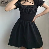 Gothic Black Mini Dress Women Summer Sweet Kawaii Puff Sleeve Punk A-LINE Lolita Dress Harajuku Elegant Party