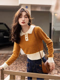 Striped Sweater Women 2022 Autumn Korean Polo Collar Pullover Long Sleeves Knitted Tops Color Contrast Clothes