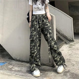 Streetwear Camouflage Cargo Pants Women High Waist Denim Wide Leg Pants Harajuku Hip Hop Armygreen Loose Straight