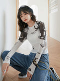 Summer Sexy Women Top Vintage Cartoon Print See Through Transparent Mesh T-Shirt Long Sleeve Harajuku Slim Lady O Neck
