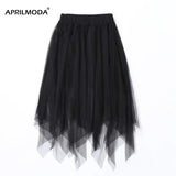 Long Asymmetric Tulle Skirt Women High Waist Pleated Tutu School Irregular Mesh Lace A Line Midi Skater Black