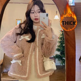 Sweet Faux Lamb Wool Coat Women Thick Bow Patchwork Jacket Winter Vintage Korean Elegant Faux Fur Casual Outerwear