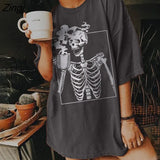 Harajuku Drop Shoulder T-shirt Women Tea-drinking Skull Skeleton Funny Tee Half Plus Size Hip Hop Summer Punk