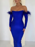 Elegant Off-shoulder Feather Sleeve Maxi Dress Women 2022 New Strapless Backless Bodycon Long Dress
