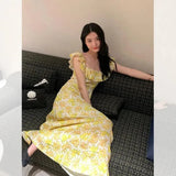 Vintage Floral Midi Dress Women Sweet Print Square Neck A Line Dresses Korean Vacation Yellow Flying Sleeves Slim