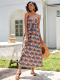 Summer Boho Elegant Party Dress Women V Neck Print Maxi Long Dress Spaghetti Strap Flower Dresses for