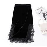 Vintage Black Long Skirt Aesthetic Elegant Lace Patchwork Velvet Skirt Gothic Sexy Side Split Hight Wait Slit Party