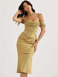 Fashion Off-shoulder Strapless Satin Midi Dress For Women Robe Elegant Sleeveless Backless Bodycon Night Party